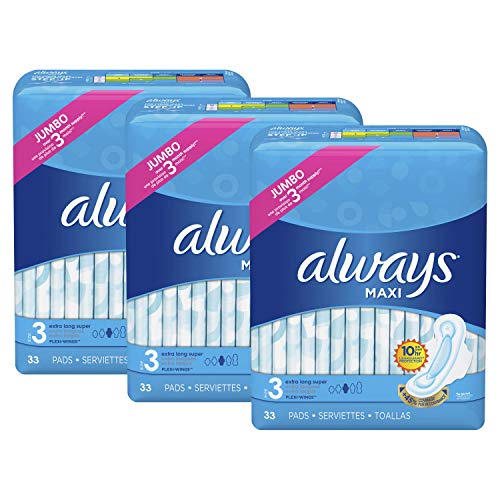 Product Cover Always Maxi Feminine Pads with Wings for Women, Size 3, Extra Long Super Absorbency, Unscented, 33 Count - Pack of 3 (99 Count Total)