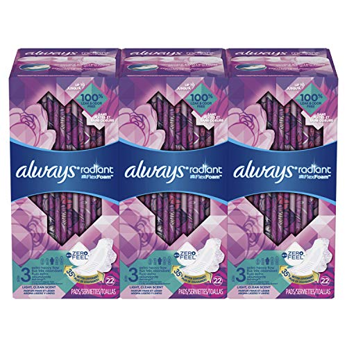 Product Cover Always Radiant Feminine Pads with Wings for Women, Size 3, 66 Count, Extra Heavy Overnight, Light Clean Scent (22 Count, Pack of 3-66 Count Total)