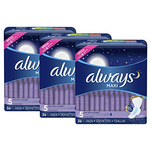 Product Cover Always Maxi Feminine Pads with Wings for Women, Size 5, Extra Heavy Overnight, Unscented, 36 Count - Pack of 3 (108 Count Total)