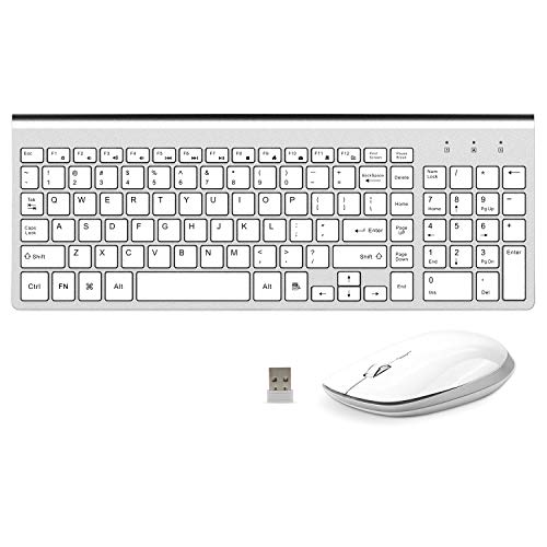 Product Cover Wireless Keyboard and Mouse，Ergonomic Quiet Silent USB Full Size Pro Compact Keyboards Mice Combo Compatible Laptop Computer Pc for Windows Xp Android（Silver and White）