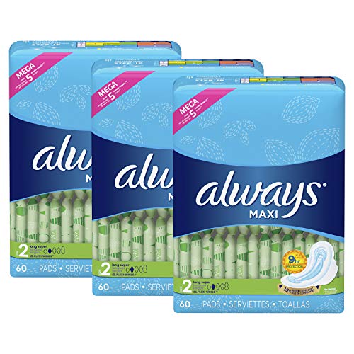 Product Cover Always Maxi Feminine Pads with Wings for Women, Size 2, Long Super Absorbency, Unscented, 60 Count - Pack of 3 (180 Count Total)
