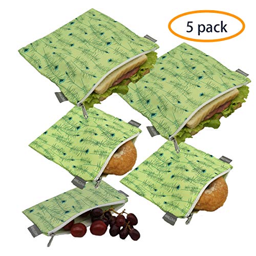 Product Cover Reusable Sandwich Bags Snack Bags - Set of 5 Pack, Dishwasher Safe Lunch Bags with Zipper, Eco Friendly Food Wraps, BPA-Free. （Feather)