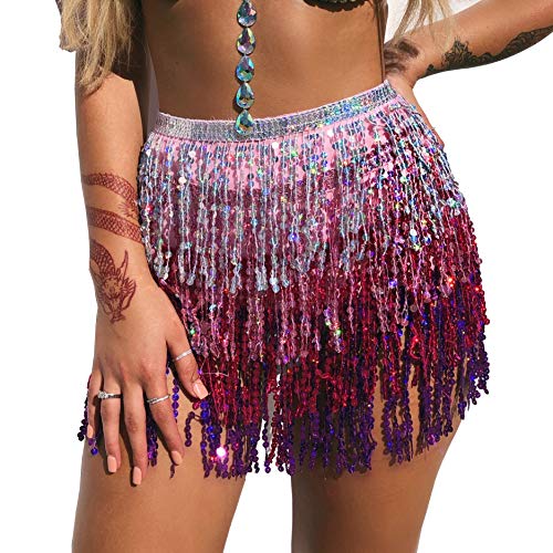 Product Cover MUNAFIE Women's Belly Dance Hip Scarf Performance Outfits Skirt Festival Clothing (One Size, Silver/Pink/Purple)