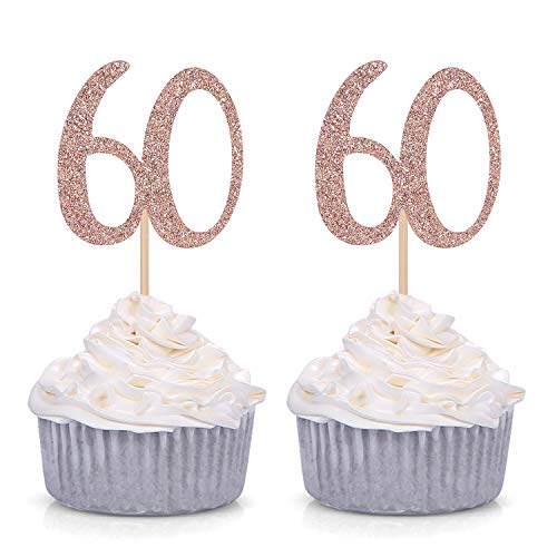 Product Cover Number 60 60th Birthday Cupcake Toppers Age Decorations Party Picks 24 Counts - Rose Gold
