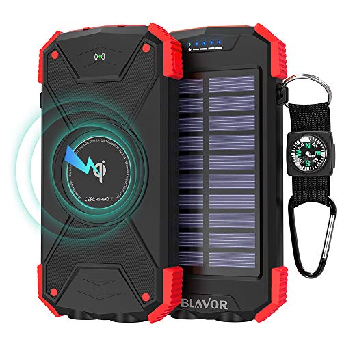 Product Cover Solar Charger 10000mAh, Portable Solar Power Bank IPX4 Outdoor Travel Qi Wireless Solar Panel Emergency Charging External Battery Pack with 2.1A USB Output/Type-C Input/Compass/Dual Flashlight