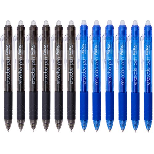 Product Cover ParKoo Retractable Erasable Gel Pens Clicker Fine Point 0.7 mm, No Need for White Out, 6 Black/6 Blue Ink for Completing Sudoku and Crossword Puzzles