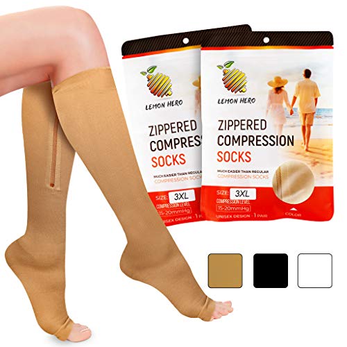 Product Cover Zippered Medical Compression Socks with Zipper Safe Protection & Open Toe (Sizes Med to Wide 6XL)- Support Stockings for Men & Women (3XL-Calf 15-18 inch Beige)