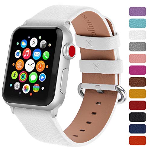 Product Cover Fullmosa Watchband Compatible for Apple Leather Watch Band 38mm 40mm 42mm 44mm Stainless Steel Silver Buckle Women Men, Replacement Wristbands Strap for iWatch Series 5/4/3/2/1, Edition, Sport, White