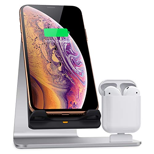 Product Cover Bestand wireless charger Stand, Fast Wireless Charger Dock Compatible with Airpods/iPhone X/Xs/Xs Max/XR/8 Plus/ 8/Samsung Galaxy S10/S9/S9+, Silver