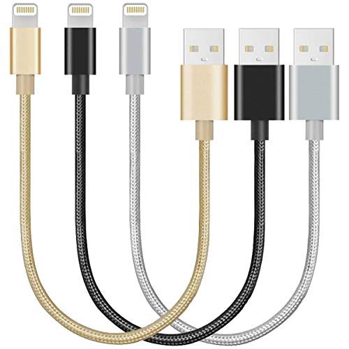 Product Cover Nylon Braided USB Lightning Charging Cable/Data Sync USB Compatible for iPhoneX Case/8/8 Plus/7/7 Plus/6/6s Plus,iPad Mini- Gold, Black, Grey, 8-inch, 3-Pack