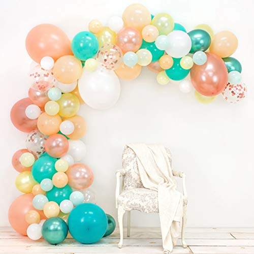Product Cover Junibel Balloon Arch & Garland Kit | Blush, Rose Gold Confetti, White, Chrome Sea Foam, Pastel Yellow | Glue Dots & Decorating Strip | Holiday, Wedding, Baby Shower, Anniversary & Party Decorations