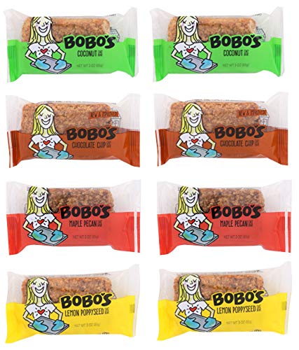Product Cover Bobo's Oat Bars All Natural, Gluten Free 4 Flavor Variety, 2 of Each Flavor (Coconut, Chocolate Chip, Maple Pecan, Lemon Poppyseed) 3oz bars, Pack of 8