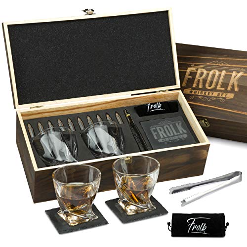 Product Cover Premium Bullet Sharped Whiskey Stones Gift Set for Men - 10 Bullets Chilling Stainless-Steel Whiskey Rocks - 11 oz 2 Large Twisted Whiskey Glasses, Slate Coasters, Tongs - Premium Set in Pine Wood Box
