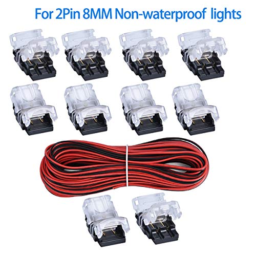 Product Cover 10 Pack 2 Pin LED Connector for Non-Waterproof 8mm 3528 2835 LED Strip Lights, Strip to Wire Quick Connection Without Stripping, Include UL Listed 16.4ft 22 Gauge 2 Conductor Extension Cable