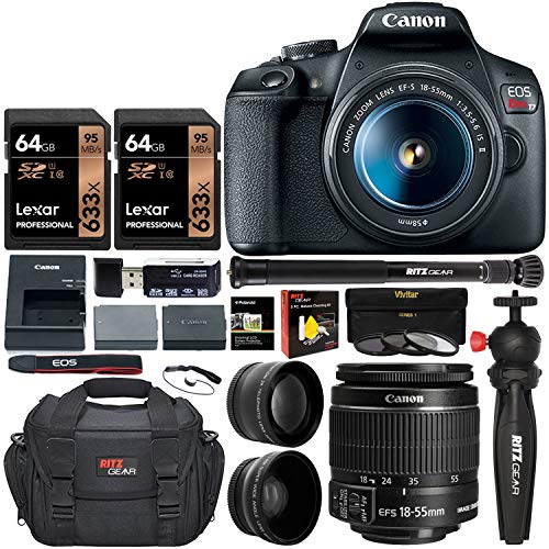 Product Cover Canon EOS Rebel T7 DSLR Camera Travel Bundle with 58mm 2X Professional Telephoto & 58mm Wide Angle Lenses + Lexar 128GB + Compact Monopod + Table Tripod+ Filter Kit (UV,CPL, ND8) + Camera Bag + More