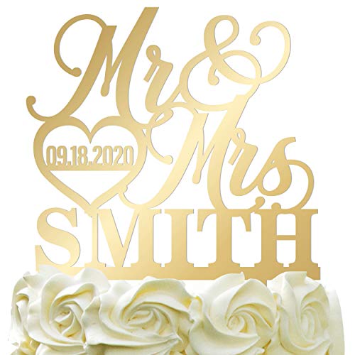 Product Cover Personalized Wedding Cake Topper Wedding Cake Decoration Elegant Customized Mr Mrs Last Name Date With Heart Mirrored Acrylic