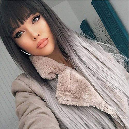 Product Cover MSSQUEEN Silky Long Straight Wigs for Women Black to Grey Synthetic Wigs With Bangs High Temperature Natural Looking Costume Full Wigs