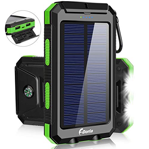 Product Cover Solar Charger,F.DORLA 20000mAh Portable Outdoor Waterproof Mobile Power Bank,Camping External Backup Battery Pack Dual USB 5V 1A/2A Output 2 Led Light Flashlight with Compass for Tablet iPhone Android