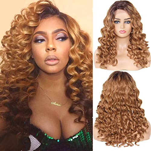 Product Cover YIROO Ombre Blonde Loose Curly Lace Front Synthetic Wigs for Women 20 inches With Natural Hairline 2 Tones 4/27 Color Deep L Part Hair Glueless High Density Wig (20 inches, OT4/27)