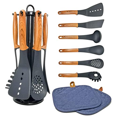 Product Cover 9-Piece Kitchen Utensil Set - Non-Stick Nylon Cooking Utensils with Rotating Holder Organizer Includes Spoon, Slotted Spoon, Soup Ladle, Pasta Server, Cake Turner, Slotted Spatula + 2 Pot Holders