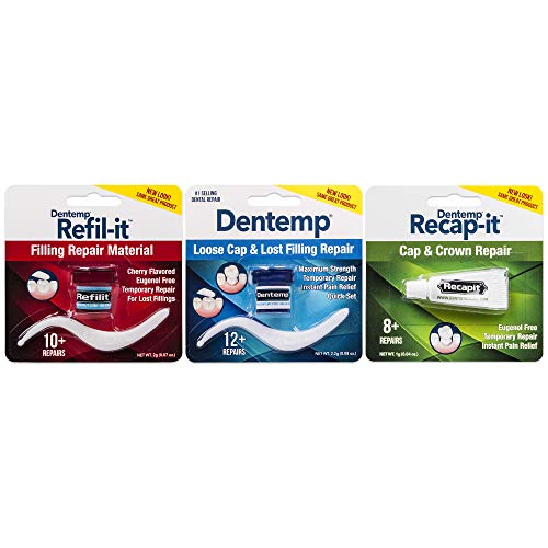 Product Cover Dentemp Repair Kit containing: Maximum Strength Dental Cement, Refilit Lost Filling Repair, Recap-It Loose Caps, 1 Kit (Packaging May Vary)