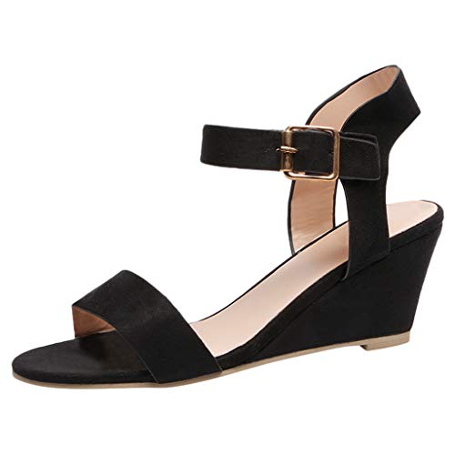 Product Cover Women Solid Wedges Heel Sandals, NDGDA Buckle Strap Roman Shoes Sandals Black