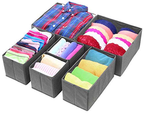 Product Cover Simple Houseware Foldable Cloth Storage Box Closet Dresser Drawer Divider Organizer Basket Bins for Underwear Bras, Dark Grey (Set of 6)