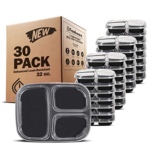 Product Cover Freshware Meal Prep Containers [30 Pack] 3 Compartment with Lids, Food Storage Containers, Bento Box | BPA Free | Stackable | Microwave/Dishwasher/Freezer Safe, Portion Control, 21 Day Fix (32 oz)