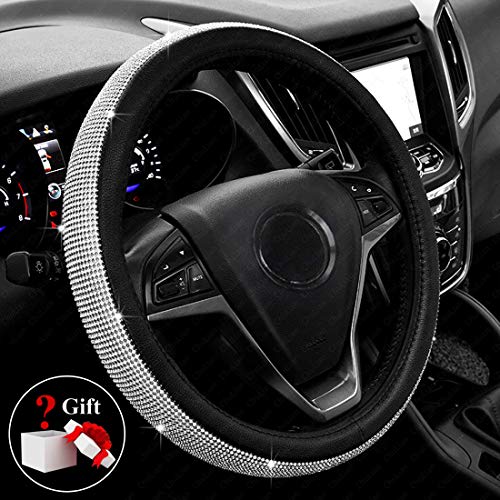Product Cover New Diamond Leather Steering Wheel Cover with Bling Bling Crystal Rhinestones, Universal Fit 15 Inch Car Wheel Protector for Women Girls,Black