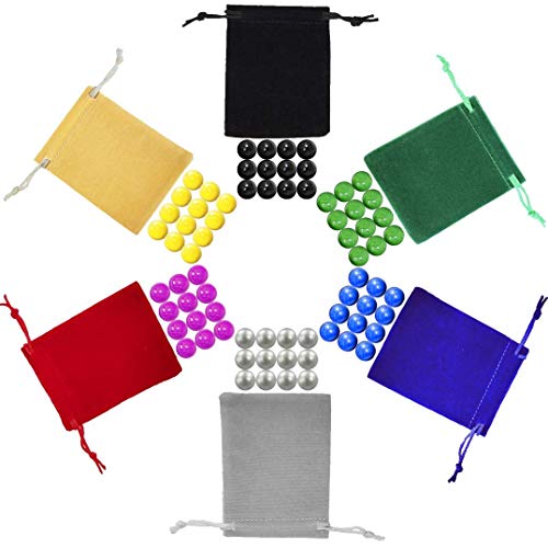 Product Cover Chinese Checkers Marbles, Solid Replacement Game Marbles, Set of 72, 12 of Each Color, with 6 Small Velvet Drawstring Pouches and 1 Large Velvet Drawstring Pouch