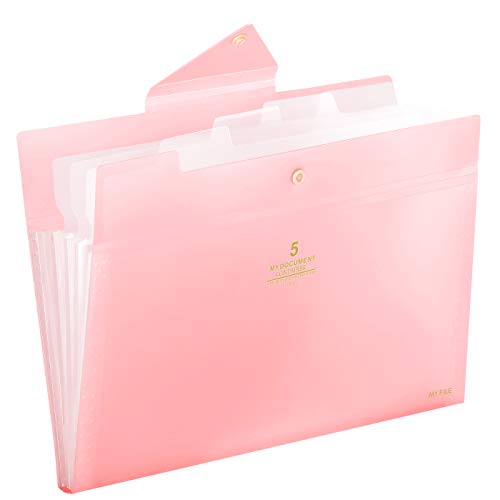 Product Cover Skydue Expanding File Folders 5 Pockets File Folder with Snap Closure A4 and Letter Size Accordion Document Paper Organizer for Home School Office (Pink)