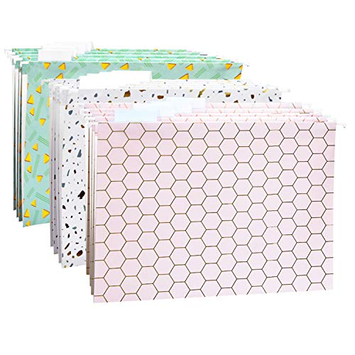 Product Cover Decorative Hanging File Folders- Letter Size-with 1/5-Cut Adjustable Tabs 3 Colors Modern Flowers 12pcs Set-Assorted Unique Design Bright Beautiful (Honeycomb)