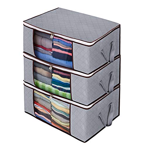 Product Cover Awekris Foldable Storage Bag, Set of 3 Large Foldable Clothes Organizer, Clear Window & Carry Handles, Great for Clothes, Blankets, Closets, Bedrooms and More (Grey)