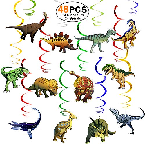 Product Cover Dinosaur-Party-Supplies-Birthday-Decorations 48 PCS Hanging Swirl (24 Dinosaurs 24 Spirals) Ceiling Decor Swirls for Kids Boys Girls
