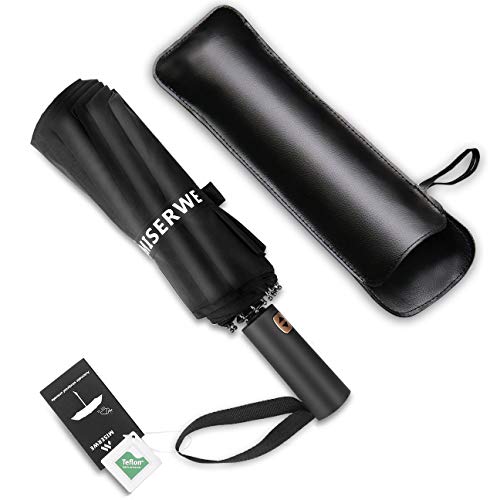 Product Cover Miserwe Umbrella 12 Ribs Windproof Lengthened Handle Travel Umbrella with Auto Open Close Button and Free Upscale Leather Cover