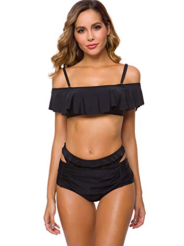 Product Cover Nature Armour Off Shoulder Bikini Sets Two Piece Swimwears for Women Vintage&Sexy 2 Ways Swimsuits High Waisted Black, Large (US 12)