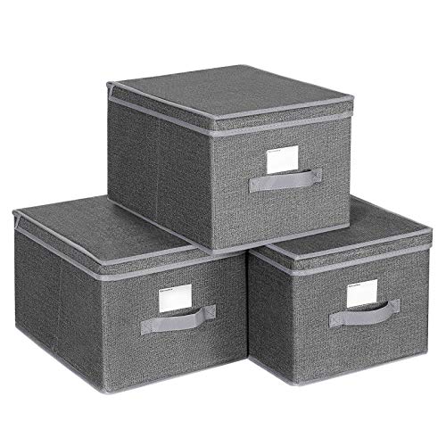 Product Cover SONGMICS Set of 3 Foldable Storage Boxes with Lids, Fabric Cubes with Label Holders, Storage Bins Organizer, 11.8 x 15.7 x 9.8 Inches, Smoky Gray URYLB40G