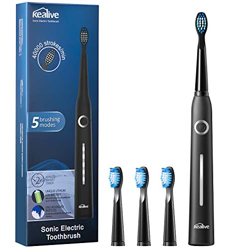 Product Cover Electric Toothbrush Rechargeable, Kealive Ultra Whitening Sonic Toothbrush with 5 Optional Modes, 2 Mins Smart Timer, 40,000 VPM Motor, USB Fast Charging Power Toothbrush with 3 W Replacement Heads