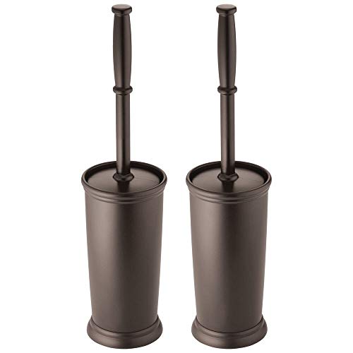 Product Cover mDesign Compact Freestanding Plastic Toilet Bowl Brush and Holder for Bathroom Storage and Organization - Space Saving, Sturdy, Deep Cleaning, Covered Brush - 2 Pack - Espresso Brown