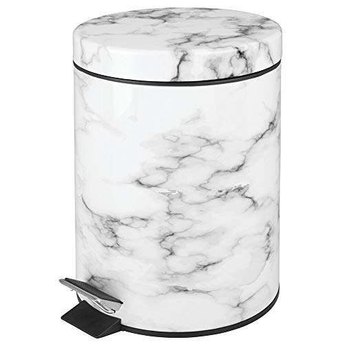 Product Cover mDesign 5 Liter Round Small Step Trash Can Wastebasket, Garbage Container Bin for Bathroom, Powder Room, Bedroom, Kitchen, Craft Room, Office - Removable Liner Bucket, Hands-Free Design - Marble Print