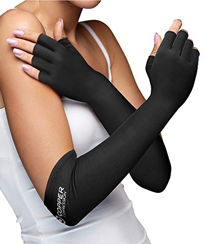 Product Cover Copper Compression Long Arthritis Gloves - Guaranteed Highest Copper Content. Best Copper Infused Extra Long Fit Glove for Women + Men Carpal Tunnel Computer Typing Support Hands Wrist 1 Pair (Large)