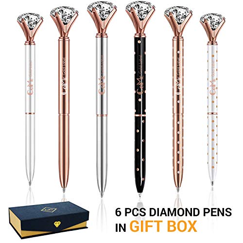 Product Cover Set of 6 PCS Big Crystal Diamond Pens in Gift Box - Rose Gold Silver White Fancy Cute Fun Bling Top Ballpoint Writing Pen, Blue & Black Ink - Bulk School Desk Office Supplies for Women Girls Coworkers