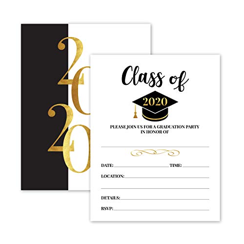 Product Cover 25- 2020 Gold & Black Graduation Party Invitations with Envelopes for 2020 College, High School, University Grad Celebration or Announcement- Invite Cards Fill In Style- Party Decorations Supplies