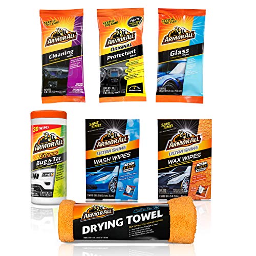 Product Cover Armor All On the Go Car Cleaning Kit (7 items) Interior, Glass Cleaning, Protectant, Exterior Wax & Wash and Bug & Tar Wipes with a Large Microfiber Towel