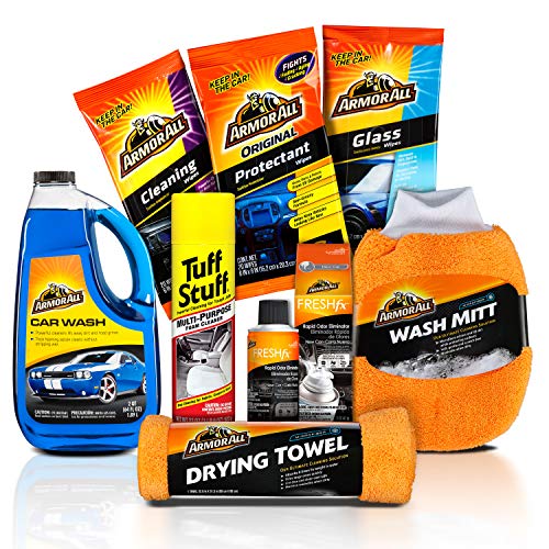 Product Cover Armor All & Tuff Stuff Used Car Cleaning Kit (8 Items) 3pc Wash Bundle with Soap, Microfiber Mitt & Towel and 5pc Interior Care-Glass Wipes, Foam Carpet Spray, Protectant, Air Freshener & More