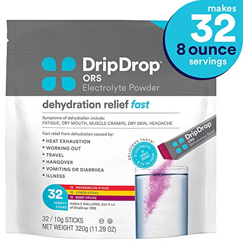 Product Cover DripDrop ORS - Patented Electrolyte Powder for Dehydration Relief fast - For Heat Exhaustion, Hangover, Illness, Sweating & Travel Recovery, Variety Pack, 32Count