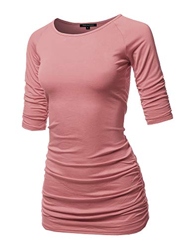 Product Cover Made by Emma Women's Basic Solid Side and Sleeve Shirring 3/4 Sleeve Tunic Top