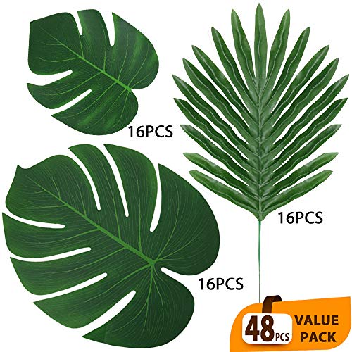Product Cover ElaDeco 48 Pcs Artificial Tropical Palm Leaves Luau Party Decoration Faux Palm Leaves Safari Leaves for Hawaiian Luau Party Jungle Beach Birthday Theme Decorations(3 Styles)