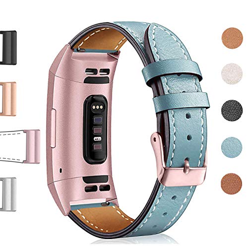 Product Cover Hotodeal Leather Band Compatible Charge 3 & Charge 3 SE Fitness Tracker, Classic Replacement Genuine Leather Bands Metal Connectors Women Men Small Large Size Silver, Rose Gold, Black