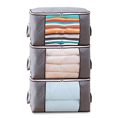 Product Cover Foldable Storage Bag Organizers, Waterproof Anti-Mold Moisture Proof Clothes Storage Container Zipper Bag with Clear Window Carry Handles for Blanket Comforter Bedding, Closet Storage Boxes (3 Packs)